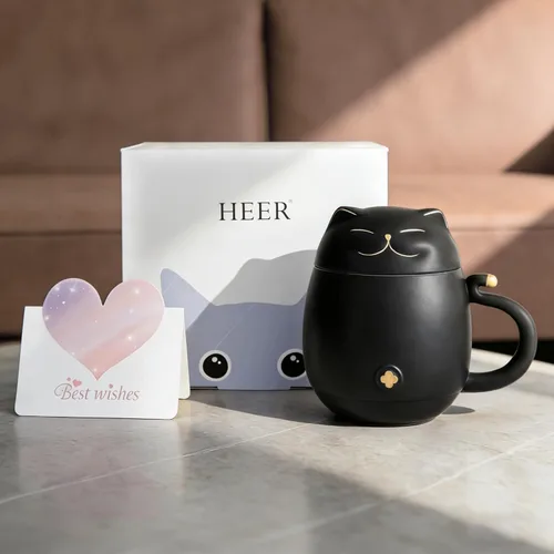 Vista 2 de HEER Taza de té para gatos con infusor y tapa, taza de té de cerámica de hojas sueltas de 10 onzas, regalo para amantes de los gatos para amigos