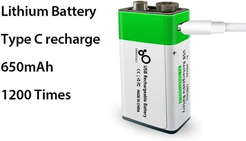 Vista 4 de Batería recargable USB de iones de litio de 9 V, batería recargable de 9 V de alta capacidad de 650 mAh, carga rápida de 1.5 H, 1200 ciclos
