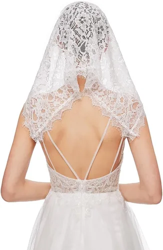 Vista 5 de Velo de mantilla de encaje, bufanda de encaje floral vintage, triángulo blanco, velo de boda, velos largos de capilla, iglesia católica de misa