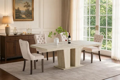 Vista 31 de Henf Juego de mesa de comedor extensible de 5 piezas para 4, mesa de cocina de imitación de mármol de 63"-79" con 4 sillas negras, juego de mesa
