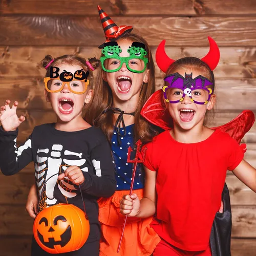 Vista 5 de Garma 24 gafas de Halloween para niños, gafas de plástico para fiestas con purpurina, calabaza, araña, gafas con temática de fantasma