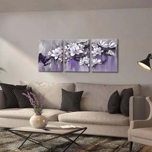 Vista 4 de FuShvre Pinturas de flores moradas en lienzo para pared, imágenes de magnolia, decoración de pared floral púrpura y gris para decoración de pared