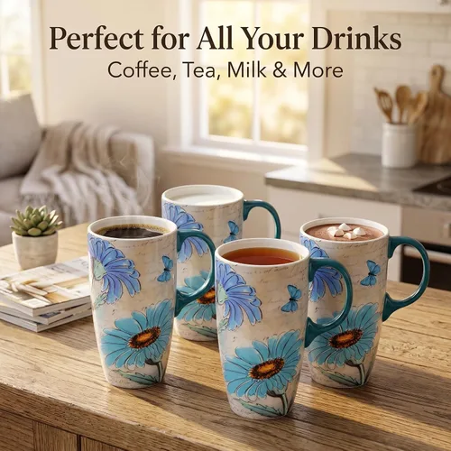 Vista 4 de Taza de café de cerámica de 17 onzas con tapa, taza de viaje de porcelana floral de margarita, taza de café alta con asa, apta para microondas