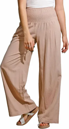 Vista 6 de utcoco Pantalones palazzo de lino de pierna ancha para mujer, estilo casual, cintura elástica, ajuste holgado