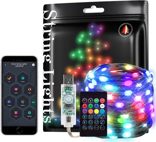 Vista 14 de WS2812B - Guirnalda de luces inteligentes de 33 pies, USB, Bluetooth, con temporizador y control remoto, sincronización de música, modos divertidos