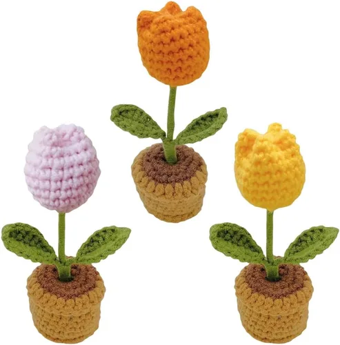 Vista 8 de JOONOR 3 mini plantas de ganchillo en maceta de girasol, flor de ciruelo falsa de punto para baño, hogar, cocina, mesa rústica, centro de mesa