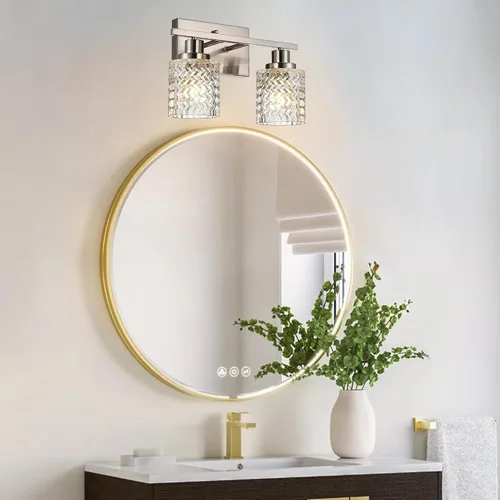 Vista 7 de MELUCEE Aplique de pared de 2 luces con pantalla de vidrio martillado, luces de baño de níquel cepillado sobre el espejo, accesorios de iluminación