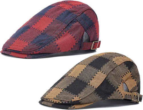 Vista 22 de Paquete de 2 gorras planas de algodón a cuadros para hombre, diseño de Ivy Cabbie Golf Gatsby