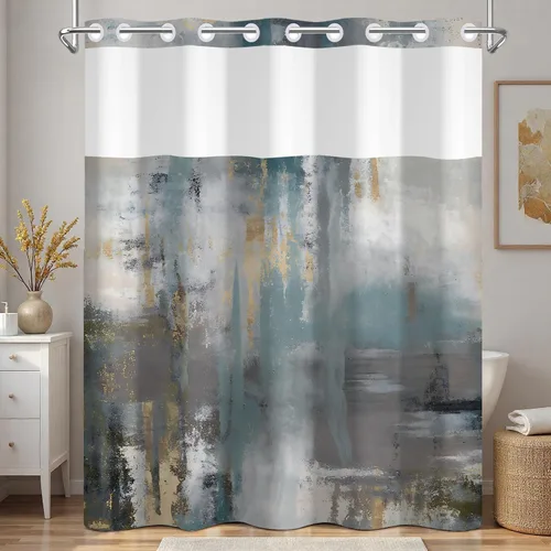 Vista 25 de No Hook Geometric Shower Curtain with Snap in Liner - 71″W x 74″L Waterproof Fabric with Mesh Top Window, Modern Abstract Triangle Design Bath