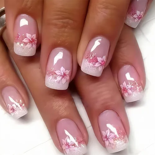 Vista 27 de 24 uñas postizas cortas a presión, color rosa RTKHFZE con diseño de mariposa blanca y diamantes de imitación, uñas postizas cuadradas de cobertura