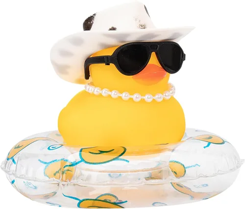Vista 27 de wonuu Pato de goma para automóvil, decoración de pato amarillo con sombrero para el sol, anillo de natación, collar, gafas de sol para decoración