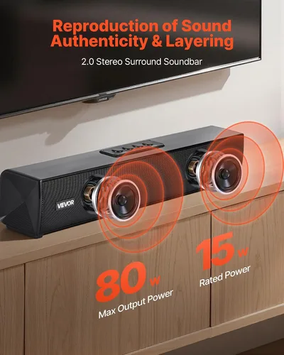 Vista 2 de VEVOR Barra de sonido para Smart TV, canal 2.0, barra de sonido compacta de 17 pulgadas para proyector, conexión AUX Bluetooth, control remoto