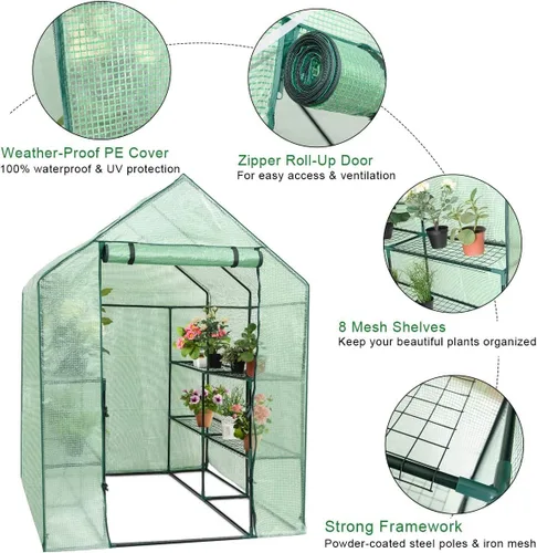 Vista 6 de Happygrill Invernadero para caminar, invernadero potable con puerta enrollable con cremallera, cubierta de polietileno y 3 niveles, 12 estantes