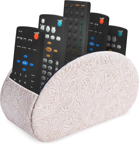 Vista 25 de QIELIZI Soporte para control remoto, organizador de escritorio de piel sintética con 5 compartimentos espaciosos para controles remotos de TV