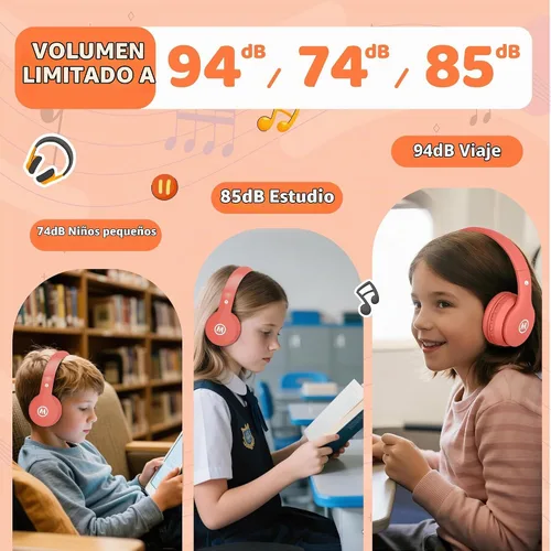 Vista 5 de Mokata Auriculares Bluetooth inalámbricos/con cable para niños, volumen limitado, 85/110 dB, protección plegable sobre la oreja, auriculares