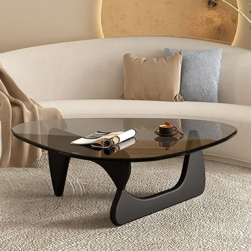 Vista 3 de Mesa auxiliar – Mesa de centro triangular de vidrio con base de madera maciza, diseño minimalista moderno de mediados de siglo, mesa auxiliar