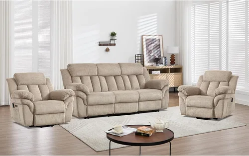 Vista 15 de CANMOV Juego de sofá reclinable, sofá biplaza reclinable manual y sofá de 3 plazas con reposabrazos sobrerelleno para sala de estar, muebles de Gris