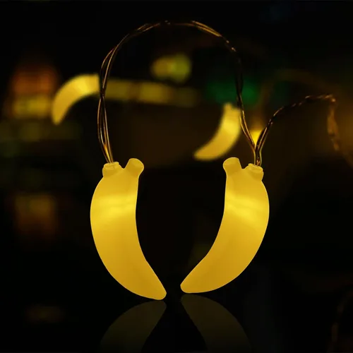 Vista 8 de Cadena de luces LED de 3 m con 20 bombillas, en forma de plátano, funciona con pilas, para iluminación interior y exterior, para bodas, hogar, Banana