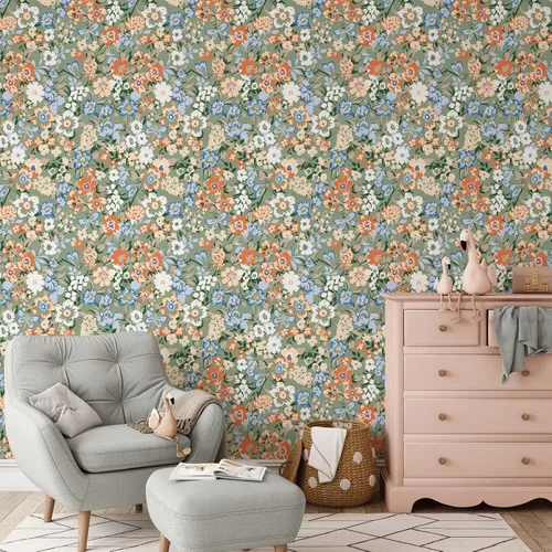 Vista 2 de Papel tapiz floral retro colorido, papel tapiz botánico autoadhesivo extraíble, papel tapiz floral para despegar y pegar