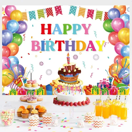 Vista 7 de Cartel de feliz cumpleaños, telón de fondo de globos coloridos para fiestas de niños, pasteles de colores grandes, fotografía, telón de fondo