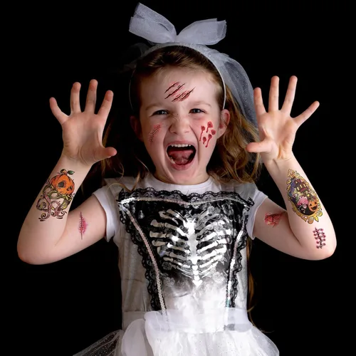Vista 8 de 50 piezas de tatuajes faciales de broma de Halloween para adultos, mujeres y hombres, 10 calcomanías de terror para Halloween, 40 piezas de tatuajes