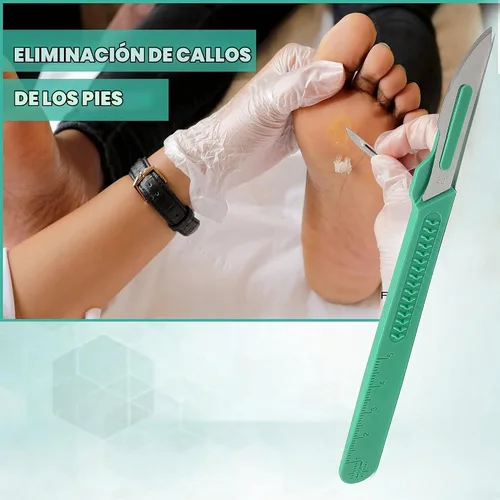Vista 5 de Bisturí desechable estéril #23, herramienta de podología y dermaplaning, cuchillas de acero al carbono de precisión con mango de plástico, bolsas