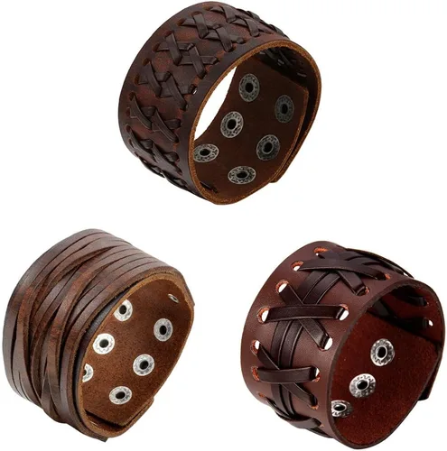 Vista 7 de OIDEA Assorted 3pcs Mens Punk Multistrand Leather Braided Bangle Cuff Bracelet for Biker Dad Father Size Adjustable