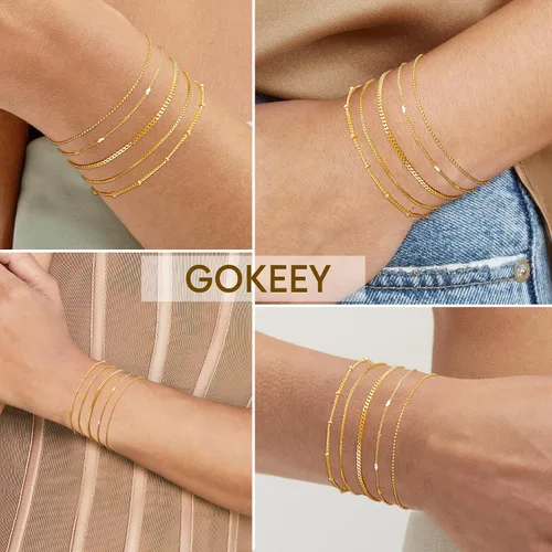 Vista 4 de Delicadas pulseras de oro para mujer, joyería de cadena de oro real de 14 quilates para mujer, impermeables, apilables, delgadas, con clip de papel