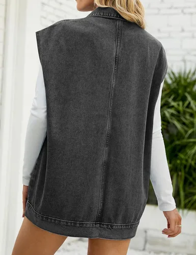 Vista 6 de Zontroldy Chaleco de mezclilla para mujer, de gran tamaño, sin mangas, con botones, chaleco de mezclilla