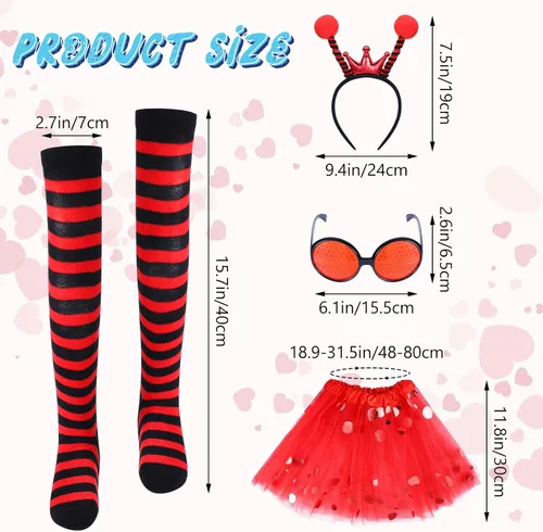 Vista 7 de JieyueJewelry 5 piezas de disfraz de alas de mariquita para niñas, disfraz de alas de mariquita, diadema, gafas TuTu y calcetines de rayas rojas