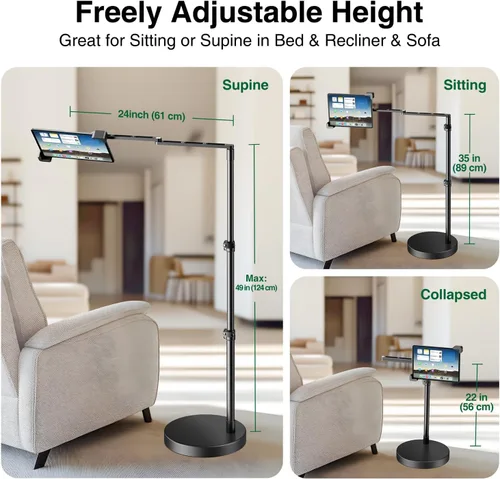 Vista 4 de elitehood Soporte de suelo para iPad de diseño diagonal con base resistente, soporte horizontal de 24 pulgadas de brazo largo para cama reclinable