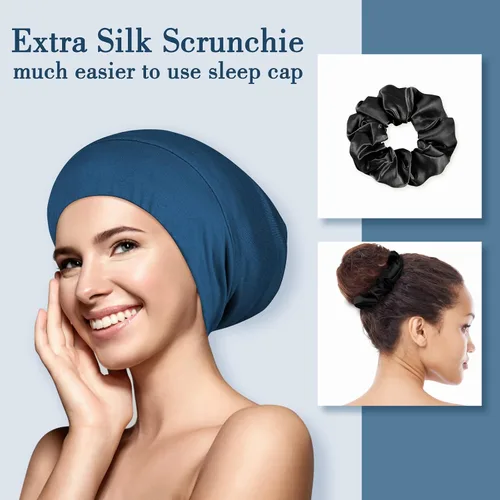 Vista 6 de LULUSILK Gorro de seda de morera 100% para dormir con coletero Azul Bijou
