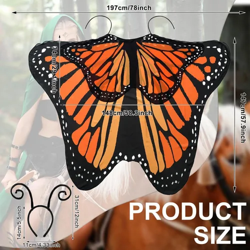 Vista 3 de 2 piezas de disfraz de mariposa de Halloween con alas de mariposa de doble capa con diadema para mujeres y niñas