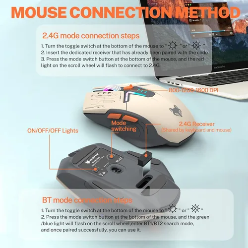 Vista 6 de 75 % Combo de Teclado y Mouse para Juegos Inalámbrico, Modo Tri BT5.0/2.4GHz/USB-C, Teclado Retroiluminado RGB + Ratón 3D 1600DPI, Batería 2000mAh