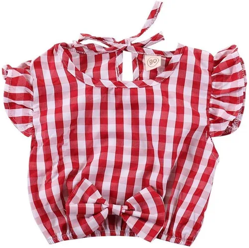 Vista 5 de Conjunto de ropa de vestir de manga corta con volantes y falda vaquera para bebé niña A cuadros