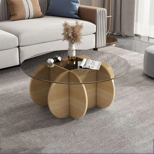 Vista 12 de HM&DX Mesa auxiliar redonda de cristal, base de madera maciza y parte superior de vidrio templado transparente, mesa auxiliar de café, mesa central