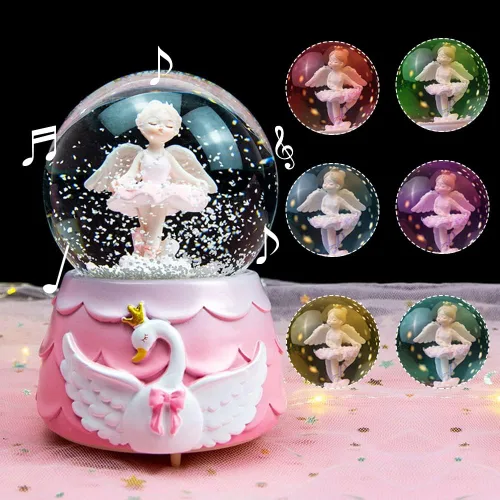 Vista 2 de Ballerina Girl Swan Lake Globo de nieve musical, globo de nieve de cristal de 3.150 in, caja de música de ballet con luces coloridas para niñas