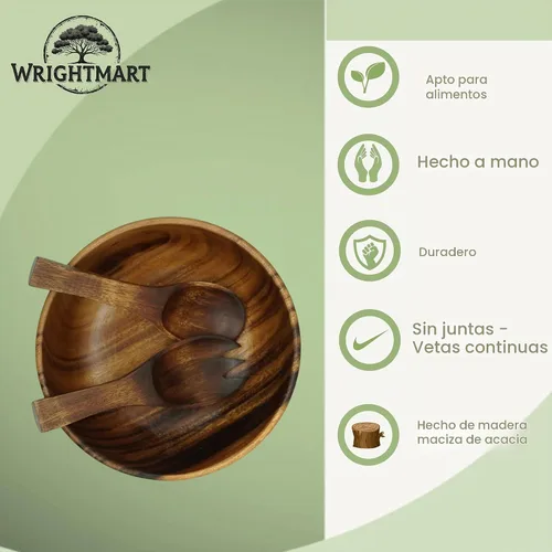 Vista 3 de Juego de ensaladera de madera de acacia – 9” Cuenco redondo artesanal con 2 servidores de madera, vajilla rústica y duradera para ensaladas, frutas