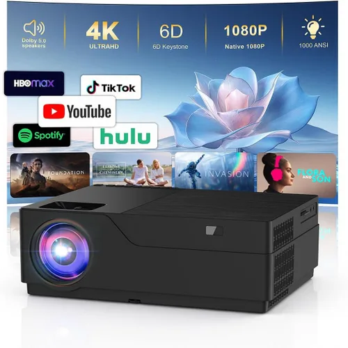 Vista 8 de Mini proyector con WiFi y Bluetooth, proyector inteligente compatible con 1080P con aplicaciones integradas, proyector de películas para exteriores