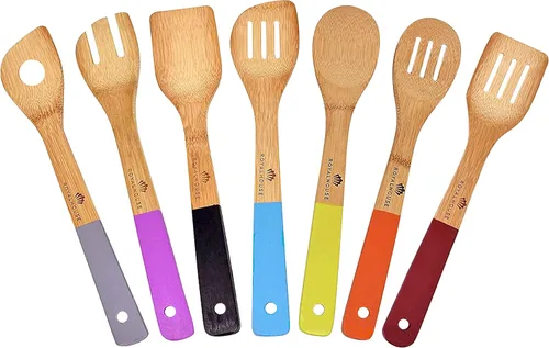 Vista 8 de Juego de utensilios de cocina de madera, 7 piezas de herramientas de cocina 6 Utensilios y soporte