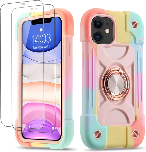 Vista 100 de Funda para iPhone 11 de 6.1 pulgadas con soporte de anillo, con 2 protectores de pantalla de vidrio, resistente a los golpes, resistente a