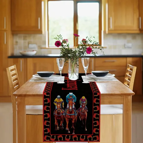 Vista 4 de Vohado Camino de mesa Derby 2026 con rosas y carreras de caballos, decoración de fiesta, comedor, hogar, cocina, 72 pulgadas de largo