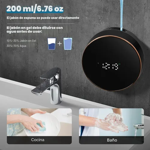 Vista 6 de Dispensador automático de jabón de espuma para baño: montaje en pared, recargable, sin contacto, ajustable, automático, inteligente, eléctrico