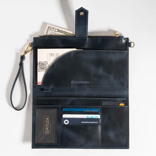 Vista 5 de Cartera de cuero genuino para mujer con protección RFID, cartera plegable para teléfono celular, con cremallera, diseño delgado, con múltiples