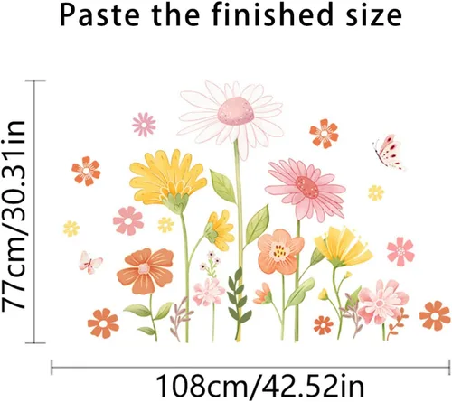 Vista 5 de Calcomanías de pared de flores bohemias, calcomanías de pared de margaritas y mariposas, PVC impermeable, autoadhesivas, arte floral, retro, se