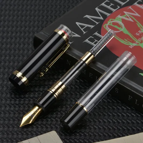 Vista 9 de Jinhao Tiandao 1935 Pluma estilográfica media #8 con punta espada, acrílico negro y transparente con gran convertidor y clip de guitarra