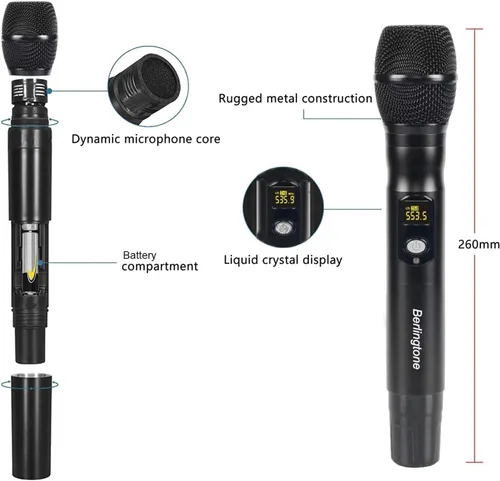 Vista 3 de Sistema de micrófono inalámbrico profesional, juego de micrófono inalámbrico UHF de 4 canales con 2 micrófonos de mano, 2 micrófonos