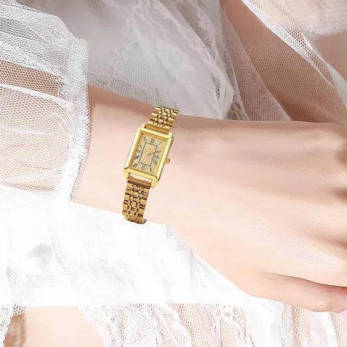 Vista 3 de Relojes de oro de lujo para mujer, reloj de pulsera rectangular vintage, esfera con números romanos, relojes de cuarzo analógicos