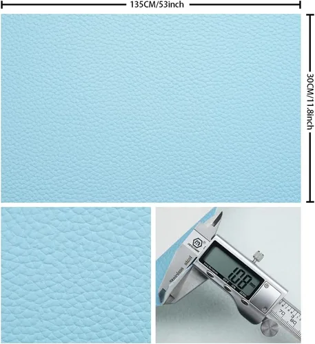 Vista 2 de Tela de cuero de imitación de textura litchi azul bebé PU 11.8x53.14 pulgadas (30x135 cm) de 1.13 mm de espesor para tapicería, manualidades