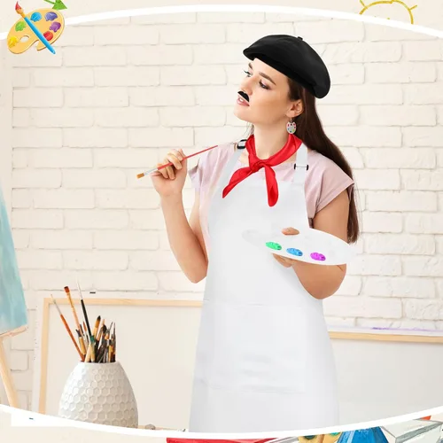 Vista 7 de Disfraz de artista para adultos, conjunto de disfraz de pintor con delantal de artista, boina francesa y suministros de arte, accesorios